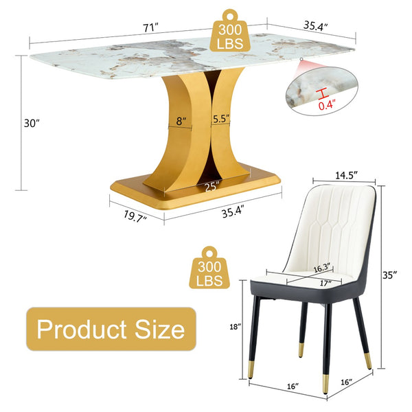 English Elm Table Set With Luxurious Pandora Glass Top & Gold C-Shaped Legs, 8 Ergonomic Pu Chairs Included W1151S03247-GIGA