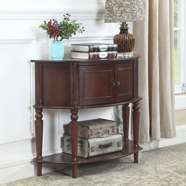 English Elm 1pc Traditional Demilune Entryway Console Table with Two Doors, Lower Shelf, Turned Legs & Fluted Trim Brown 41 L x 17 W x 15.75 H B011P308017