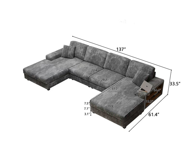 English Elm Convertible U-Shaped Sofa With Storage, Modern Corduroy 4-Seat Lounge For Cozy Living Rooms W1793S00028