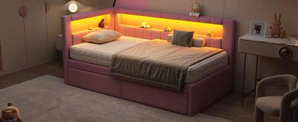 English Elm Upholstered Twin Platform Bed with USB Ports, LED Light Belt, Linen Backrest & 2 Storage Drawers Pink DL001926AAH