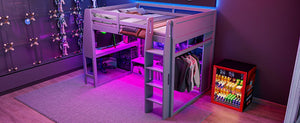 English Elm Wood Full Size Gaming Loft Bed with Integrated Desk, Shelves, LED Lighting & Hanging Clothes Rack Gray N7090001042E