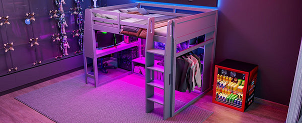 English Elm Wood Full Size Gaming Loft Bed with Integrated Desk, Shelves, LED Lighting & Hanging Clothes Rack Gray N7090001042E