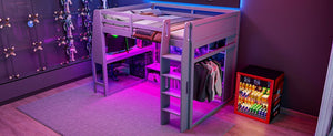 English Elm Wood Full Size Gaming Loft Bed Pine Frame with Led Lighting Desk and Storage Shelves N7090001042E-1