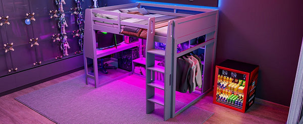 English Elm Wood Full Size Gaming Loft Bed Pine Frame with Led Lighting Desk and Storage Shelves N7090001042E-1