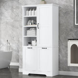 English Elm Bathroom Storage Cabinet With Doors and Drawers, Tilt-Out Laundry Hamper, Multiple Storage Space, Freestanding Style, Open Shelve, Adjustable Shelf, White (Old Sku:Wf530560Aak)