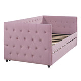 English Elm Twin Size Tufted Upholstered Daybed With Trundle, Velvet Sofabed With Rivet Design, No Box-Spring Needed,Pink