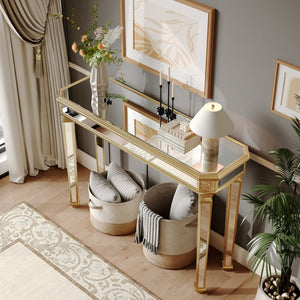 English Elm Mirror Console Table Gold Carved Frame Entryway Accent with Reflective Mirrored Panels W1445P407834