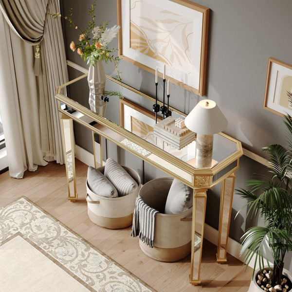 English Elm Mirror Console Table Gold Carved Frame Entryway Accent with Reflective Mirrored Panels W1445P407834