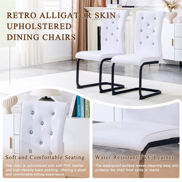 English Elm Set of 2 Glam Faux Alligator Pvc Dining Chairs with Crystal Buckle Bow Legs White W3875P371057