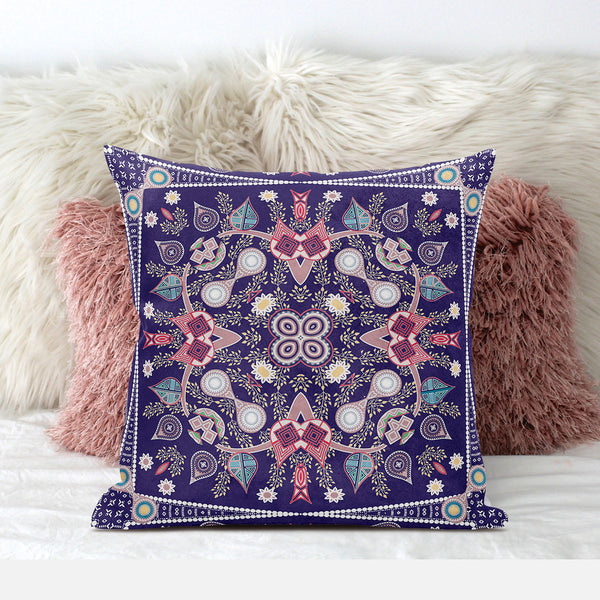 Homeroots 26" X 26" Purple Blown Seam Paisley Indoor Outdoor Throw Pillow   482002