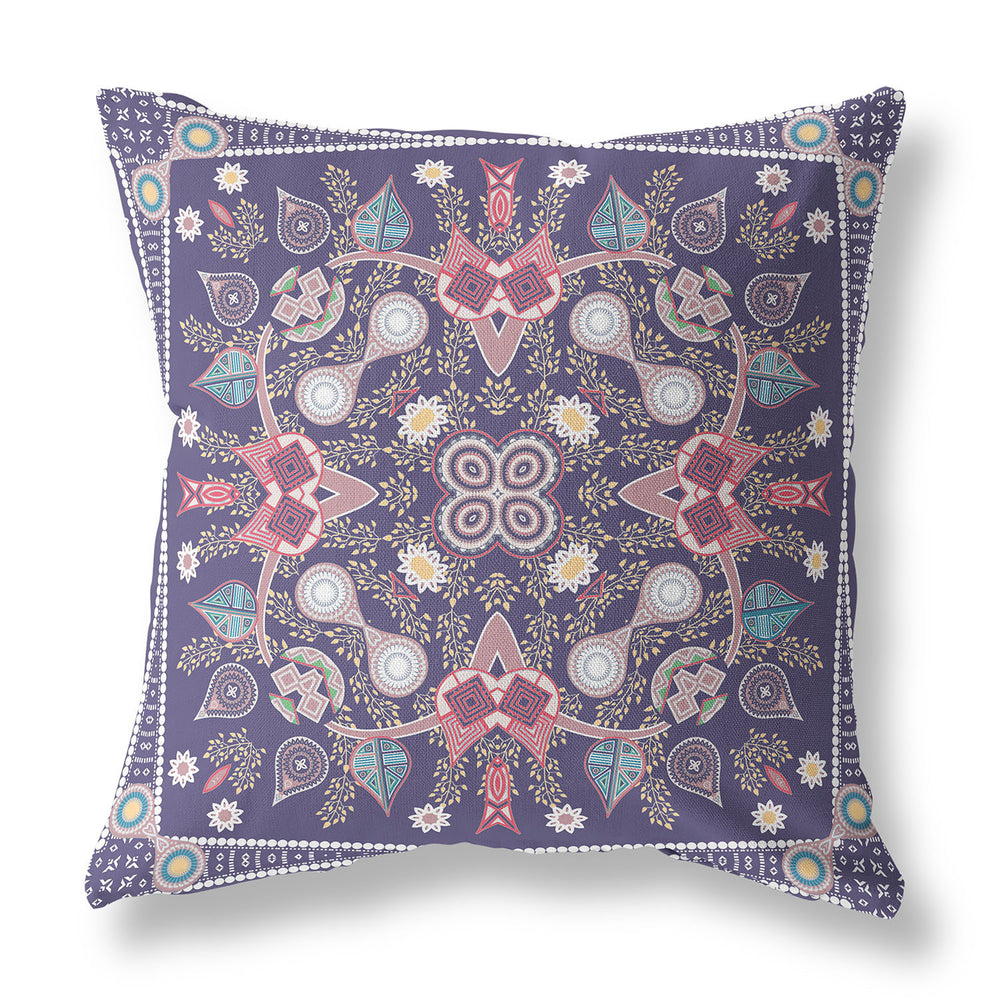 Homeroots 26" X 26" Purple Blown Seam Paisley Indoor Outdoor Throw Pillow   482002