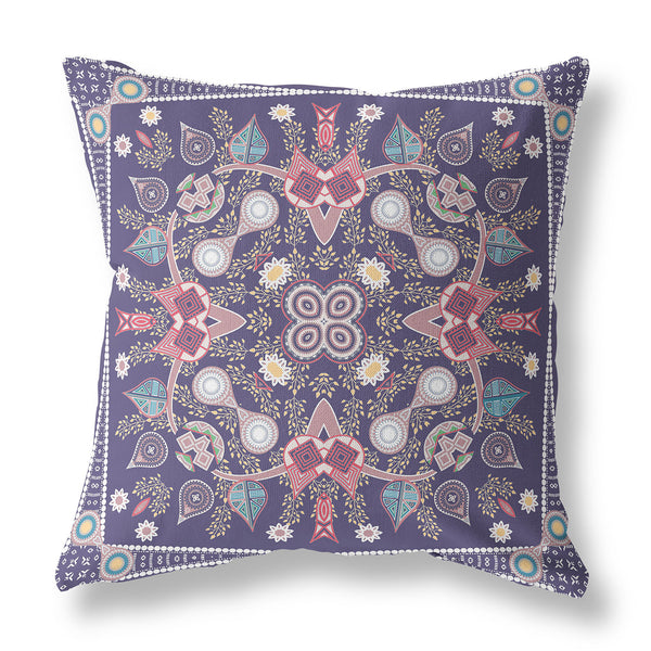 Homeroots 26" X 26" Purple Blown Seam Paisley Indoor Outdoor Throw Pillow   482002