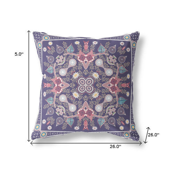Homeroots 26" X 26" Purple Blown Seam Paisley Indoor Outdoor Throw Pillow   482002