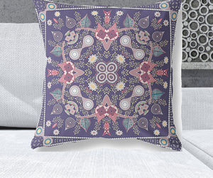 Homeroots 26" X 26" Purple Blown Seam Paisley Indoor Outdoor Throw Pillow   482002