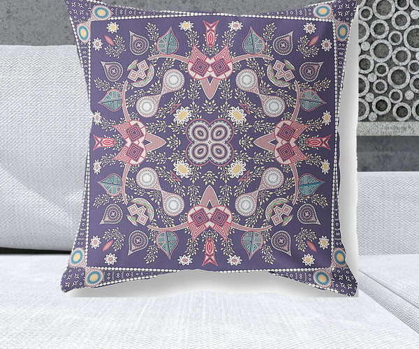 Homeroots 26" X 26" Purple Blown Seam Paisley Indoor Outdoor Throw Pillow   482002