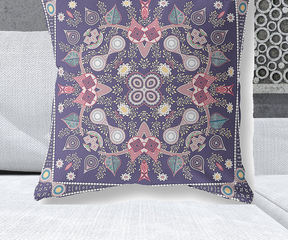 Homeroots 28" X 28" Purple Blown Seam Paisley Indoor Outdoor Throw Pillow   482003