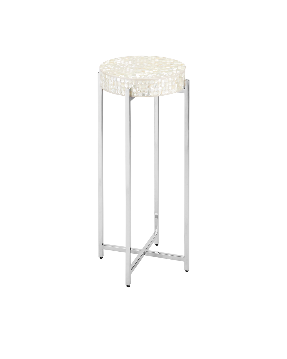 Currey & Company Gerri Dot Mother Of Pearl Drinks Table - Timeless Elegance With Polished Nickel Frame For Any Space Silver Mother Of Pearl ,Stainless Steel ,Engineered Wood 4000-0224-currey-company