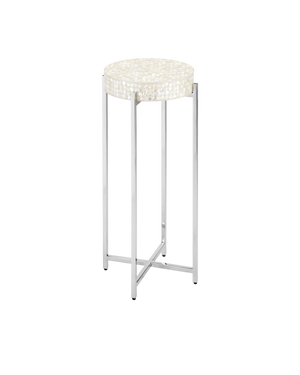 Currey & Company Gerri Dot Mother Of Pearl Drinks Table - Timeless Elegance With Polished Nickel Frame For Any Space Silver Mother Of Pearl ,Stainless Steel ,Engineered Wood 4000-0224-currey-company