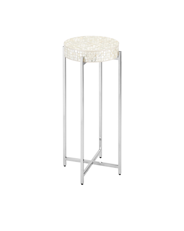 Currey & Company Gerri Dot Mother Of Pearl Drinks Table - Timeless Elegance With Polished Nickel Frame For Any Space Silver Mother Of Pearl ,Stainless Steel ,Engineered Wood 4000-0224-currey-company