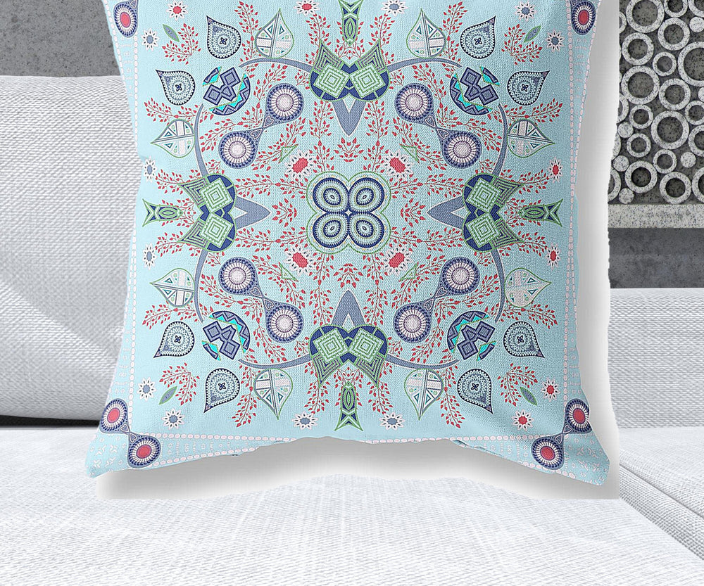 Homeroots 28" X 28" Light Blue Blown Seam Paisley Indoor Outdoor Throw Pillow   482018