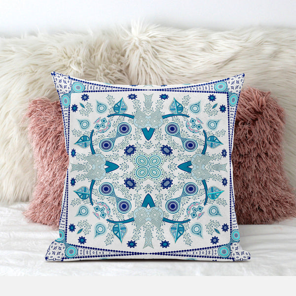 Homeroots 26" X 26" Blue And White Blown Seam Paisley Indoor Outdoor Throw Pillow   482027