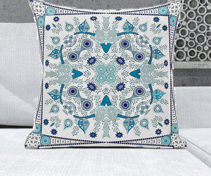 Homeroots 26" X 26" Blue And White Blown Seam Paisley Indoor Outdoor Throw Pillow   482027