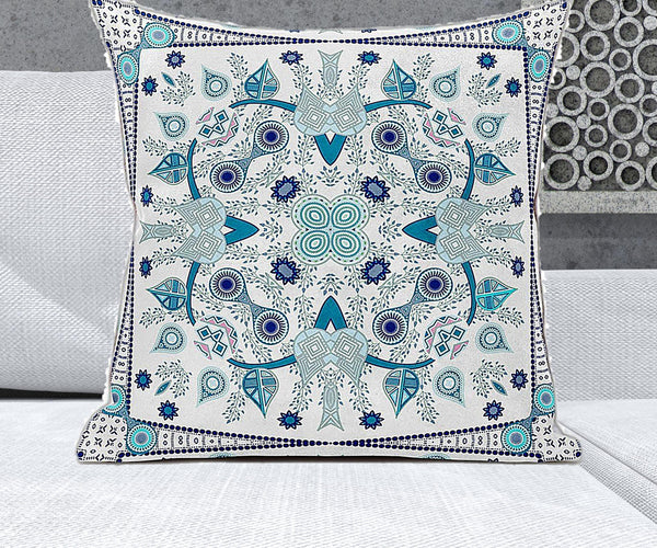 Homeroots 26" X 26" Blue And White Blown Seam Paisley Indoor Outdoor Throw Pillow   482027