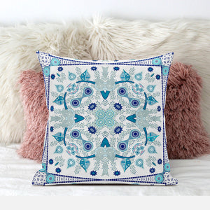 Homeroots 28" X 28" Blue And White Blown Seam Paisley Indoor Outdoor Throw Pillow   482028