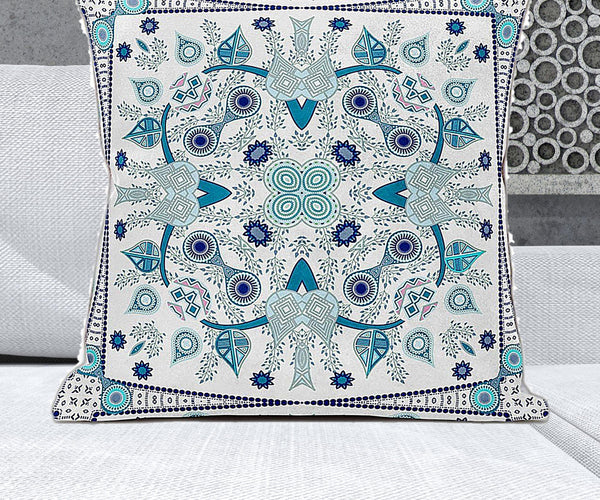 Homeroots 28" X 28" Blue And White Blown Seam Paisley Indoor Outdoor Throw Pillow   482028