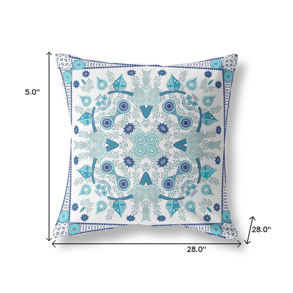 Homeroots 28" X 28" Blue And White Blown Seam Paisley Indoor Outdoor Throw Pillow   482028