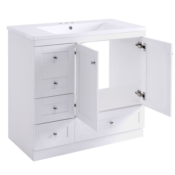 English Elm 36 Inch Shaker Bathroom Vanity with Resin Sink Four Soft Close Drawers Mdf Cabinet White N729P000028K