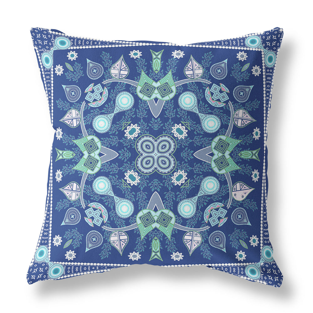 Homeroots 26" X 26" Midnight Blue Blown Seam Paisley Indoor Outdoor Throw Pillow   482047