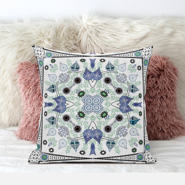 Homeroots 26" X 26" Blue And Off White Blown Seam Paisley Indoor Outdoor Throw Pillow   482077