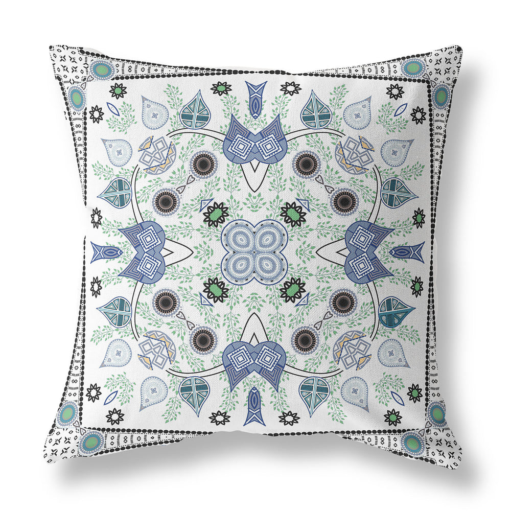 Homeroots 26" X 26" Blue And Off White Blown Seam Paisley Indoor Outdoor Throw Pillow   482077