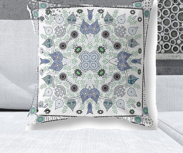 Homeroots 26" X 26" Blue And Off White Blown Seam Paisley Indoor Outdoor Throw Pillow   482077