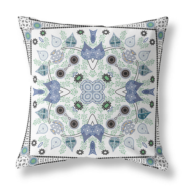 Homeroots 28" X 28" Blue And Off White Blown Seam Paisley Indoor Outdoor Throw Pillow   482078