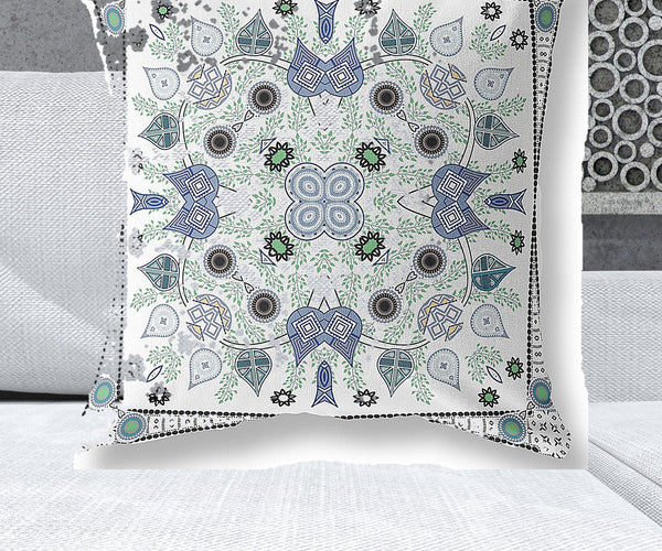 Homeroots 28" X 28" Blue And Off White Blown Seam Paisley Indoor Outdoor Throw Pillow   482078