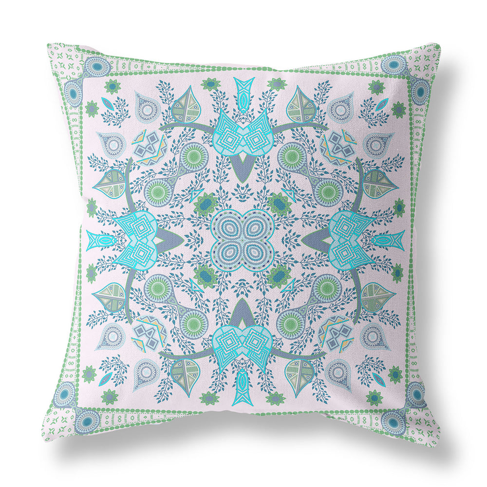 Homeroots 28" X 28" White And Green Blown Seam Floral Indoor Outdoor Throw Pillow   482093