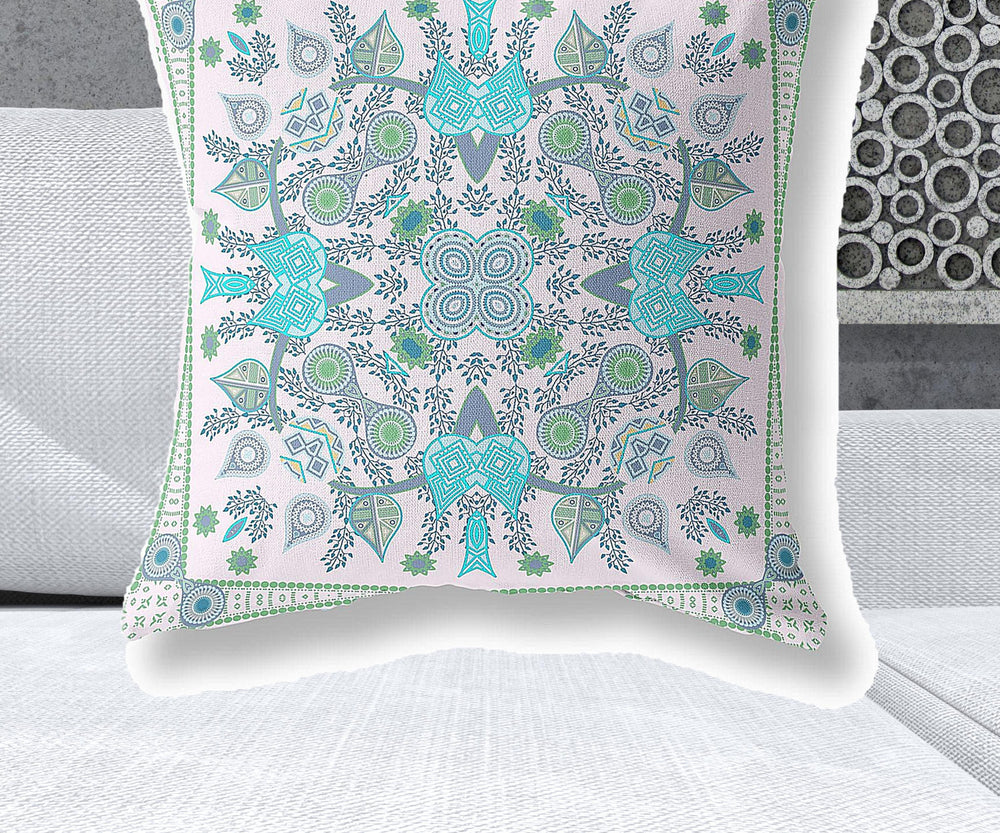 Homeroots 28" X 28" White And Green Blown Seam Floral Indoor Outdoor Throw Pillow   482093