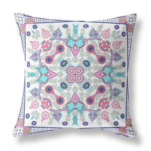 Homeroots 26" X 26" White And Blue Blown Seam Floral Indoor Outdoor Throw Pillow   482097