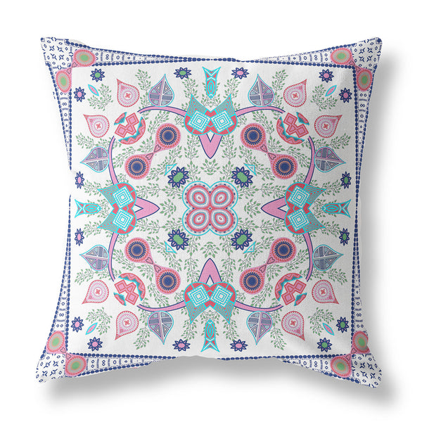 Homeroots 26" X 26" White And Blue Blown Seam Floral Indoor Outdoor Throw Pillow   482097