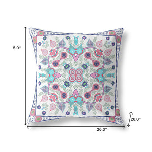 Homeroots 26" X 26" White And Blue Blown Seam Floral Indoor Outdoor Throw Pillow   482097