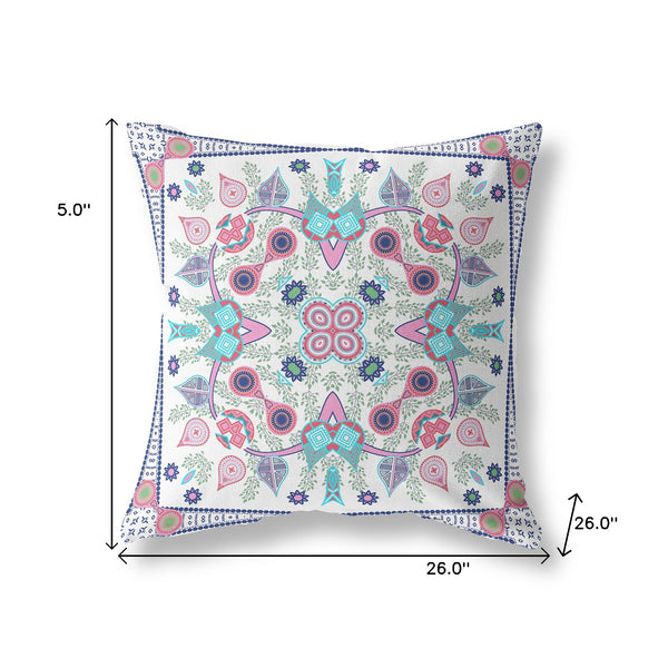 Homeroots 26" X 26" White And Blue Blown Seam Floral Indoor Outdoor Throw Pillow   482097