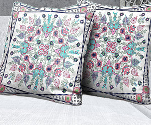 Homeroots 26" X 26" White And Blue Blown Seam Floral Indoor Outdoor Throw Pillow   482097