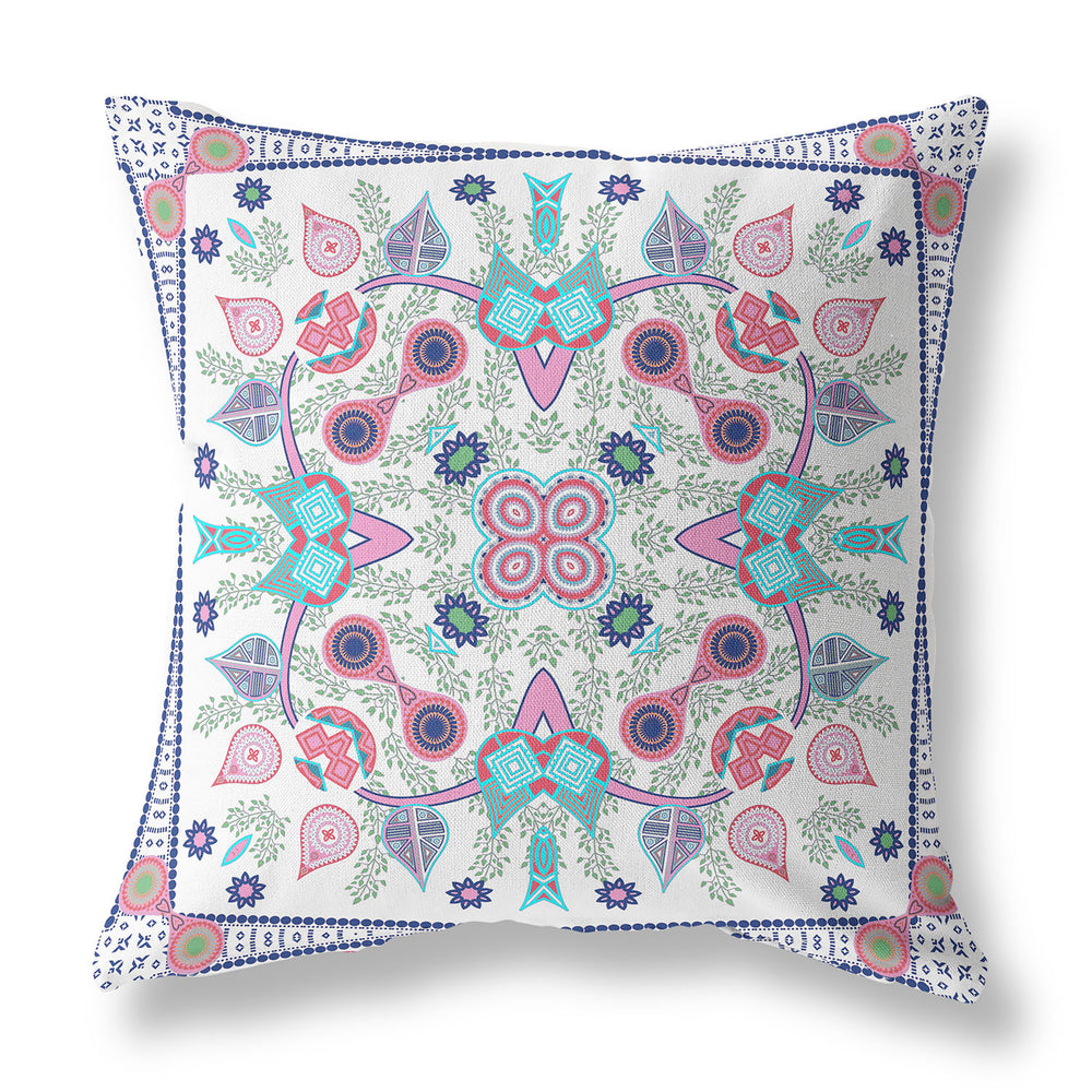 Homeroots 28" X 28" White And Blue Blown Seam Floral Indoor Outdoor Throw Pillow   482098