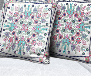 Homeroots 28" X 28" White And Blue Blown Seam Floral Indoor Outdoor Throw Pillow   482098