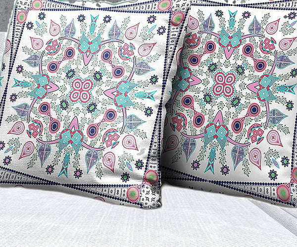 Homeroots 28" X 28" White And Blue Blown Seam Floral Indoor Outdoor Throw Pillow   482098