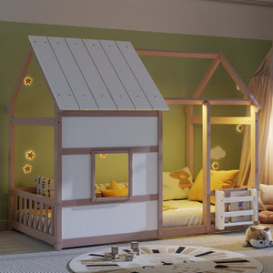 English Elm Twin House Frame Floor Bed Pinewood Build with Led Roofline Kids Bedroom Cream,White W697P435884