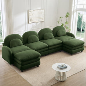 English Elm Teddy Fleece Curved Modular Sectional Sofa with Movable Ottomans for Cozy Living Rooms Green W5656S00092