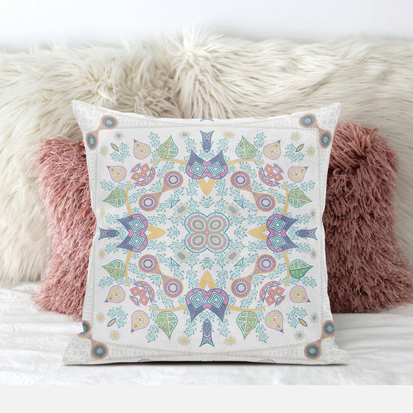 Homeroots 26" X 26" White And Green Blown Seam Floral Indoor Outdoor Throw Pillow   482107